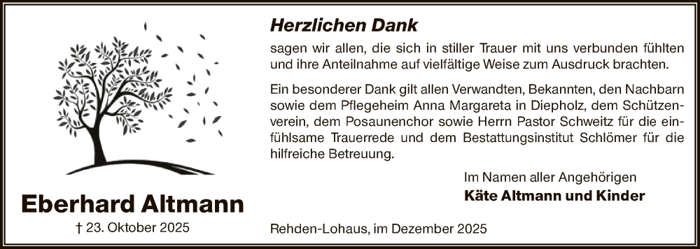  Traueranzeige für Eberhard Altmann vom 20.12.2025 aus SYKS