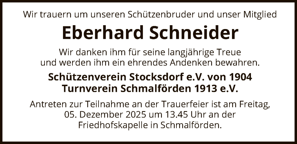  Traueranzeige für Eberhard Schneider vom 03.12.2025 aus SYKS