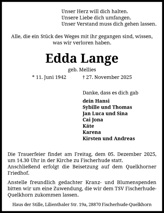 Traueranzeige von Edda Lange von SYKS