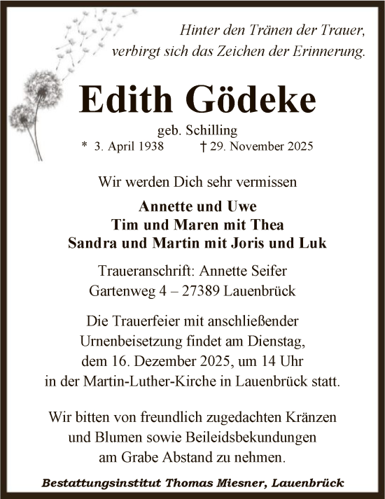 Traueranzeige von Edith Gödeke von SYKR