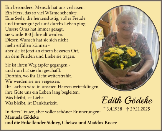 Traueranzeige von Edith Gödeke von SYKR