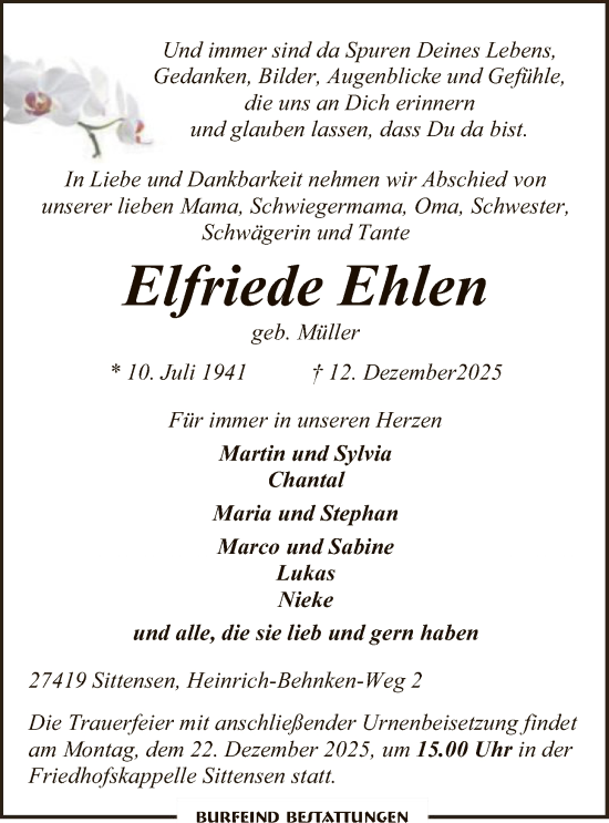 Traueranzeige von Elfriede Ehlen von SYKR