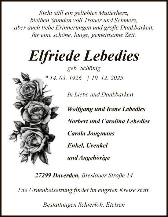 Traueranzeige von Elfriede Lebedies von SYKS