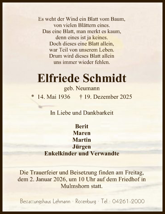 Traueranzeige von Elfriede Schmidt von SYKR