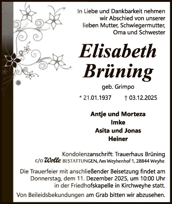 Traueranzeige von Elisabeth Brüning von SYKS