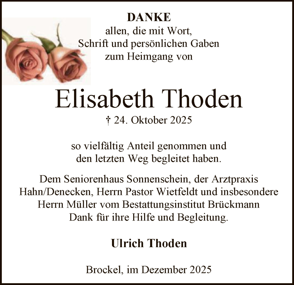  Traueranzeige für Elisabeth Thoden vom 06.12.2025 aus SYKR