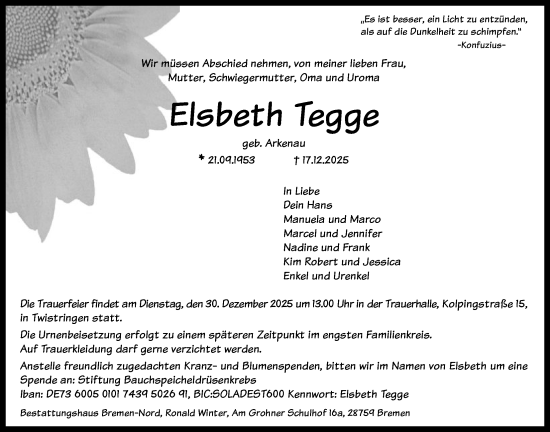 Traueranzeige von Elsbeth Tegge von SYKSSYKS
