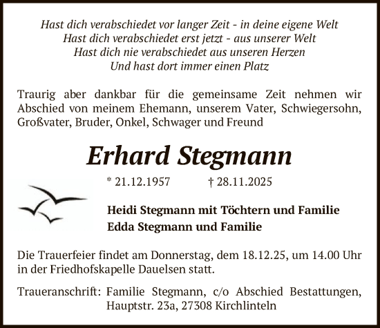 Traueranzeige von Erhard Stegmann von SYKS