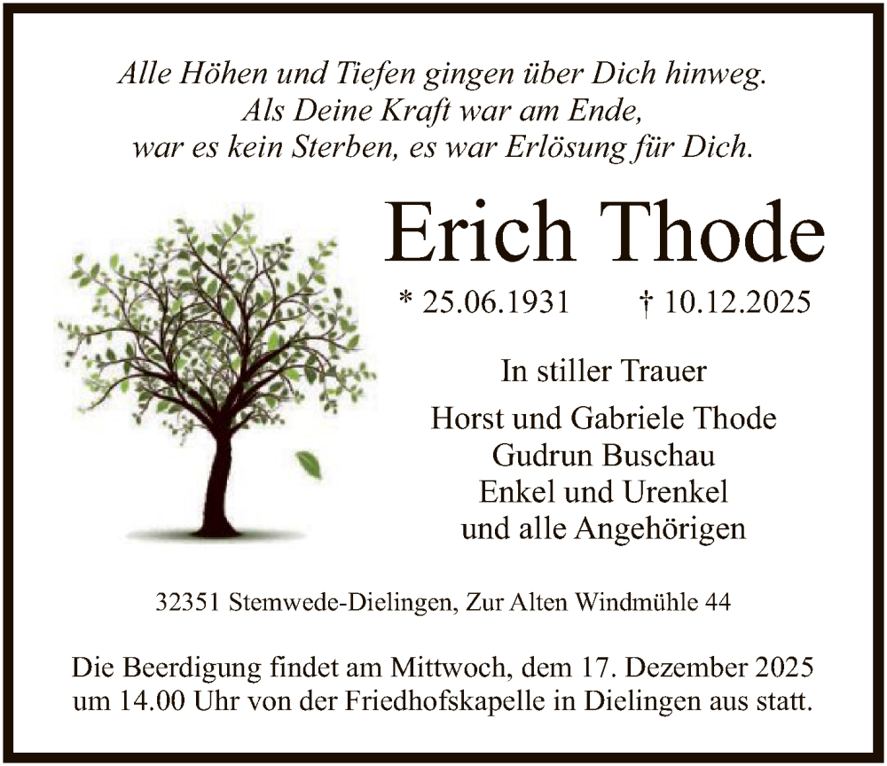  Traueranzeige für Erich Thode vom 13.12.2025 aus SYKS