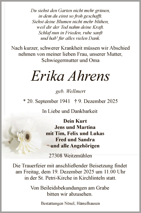 Traueranzeige von Erika Ahrens von SYKS
