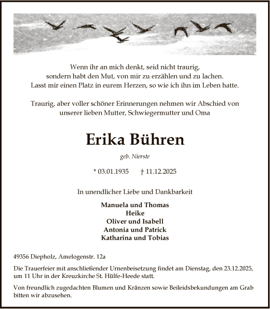 Traueranzeige von Erika Bühren von SYKS