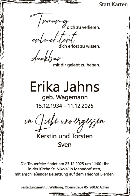 Traueranzeige von Erika Jahns von SYKS