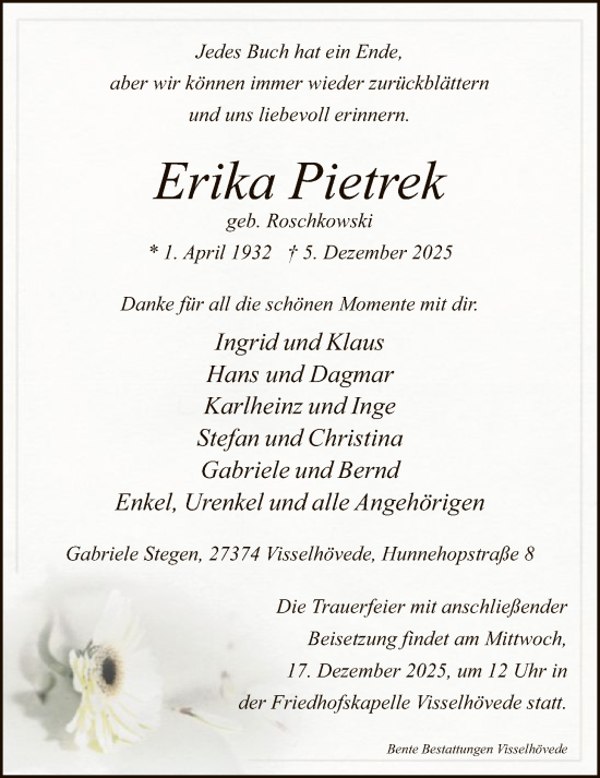 Traueranzeige von Erika Pietrek von SYKR