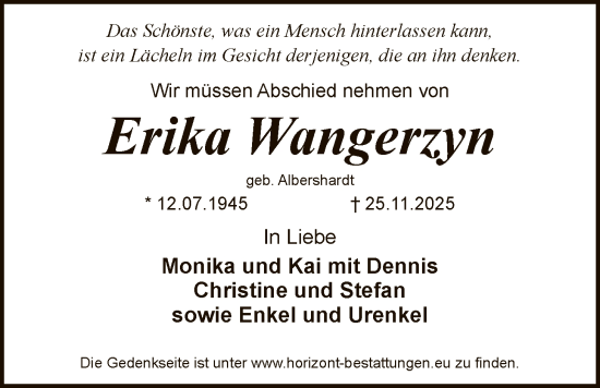 Traueranzeige von Erika Wangerzyn von SYKS