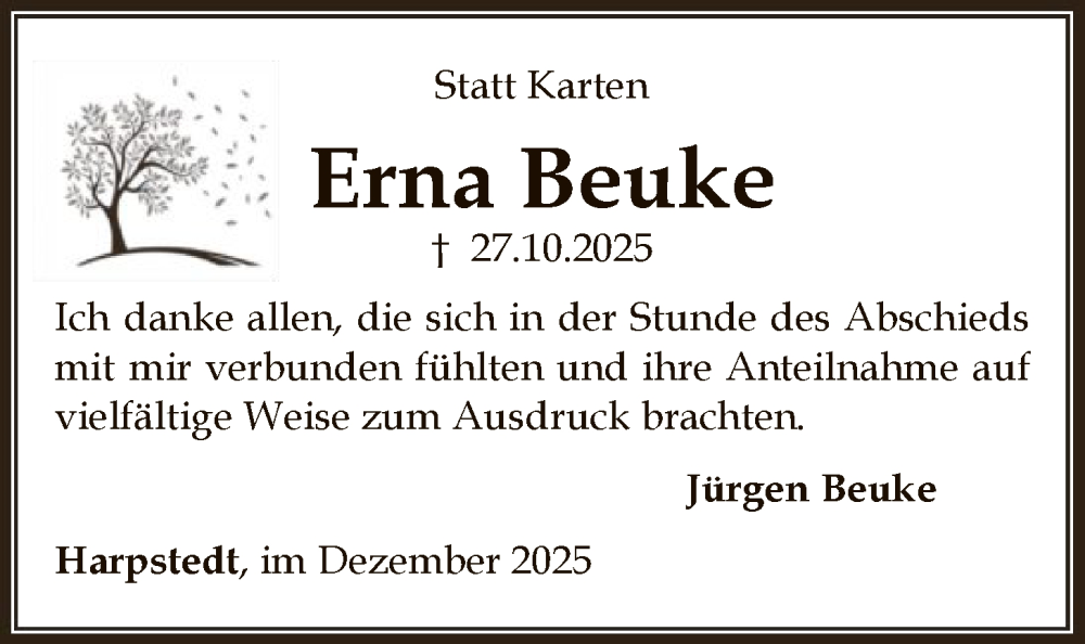  Traueranzeige für Erna Beuke vom 06.12.2025 aus SYWZSYKS