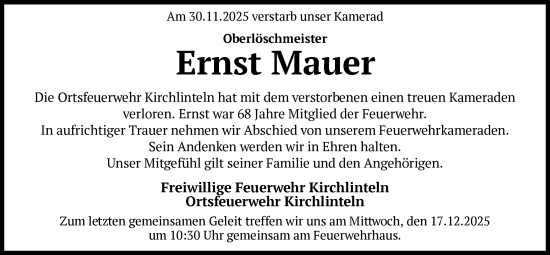 Traueranzeige von Ernst Mauer von SYKS