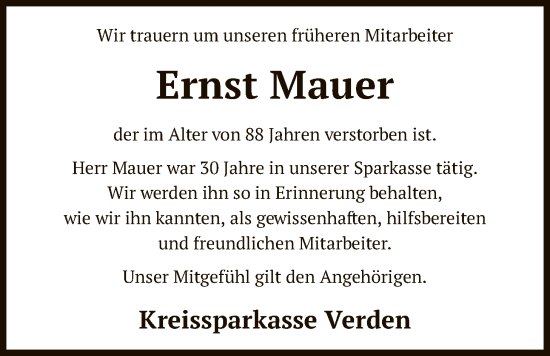 Traueranzeige von Ernst Mauer von SYKS