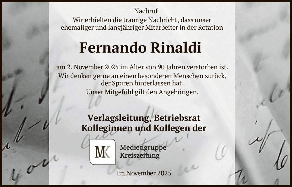 Traueranzeige für Fernando Rinaldi vom 08.11.2025 aus SYKS