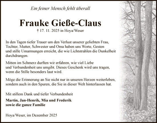 Traueranzeige von Frauke Gieße-Claus von SYKSSYKS