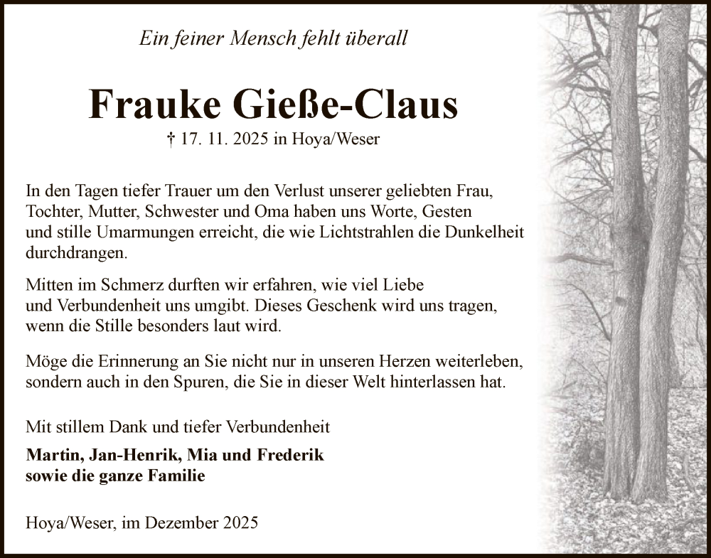  Traueranzeige für Frauke Gieße-Claus vom 13.12.2025 aus SYKSSYKS