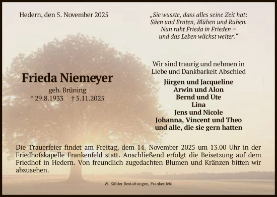 Traueranzeige von Frieda Niemeyer von SYKS
