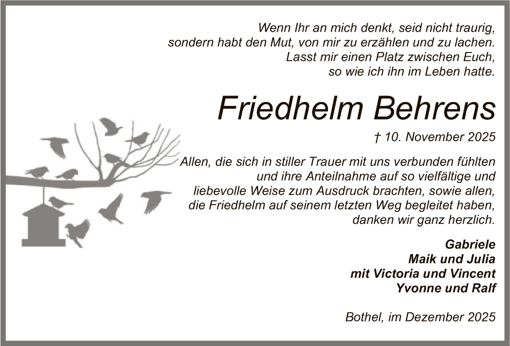  Traueranzeige für Friedhelm Behrens vom 20.12.2025 aus SYKS