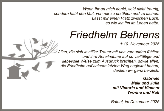 Traueranzeige von Friedhelm Behrens von SYKS