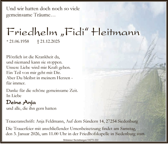 Traueranzeige von Friedhelm Heitmann von SYKS
