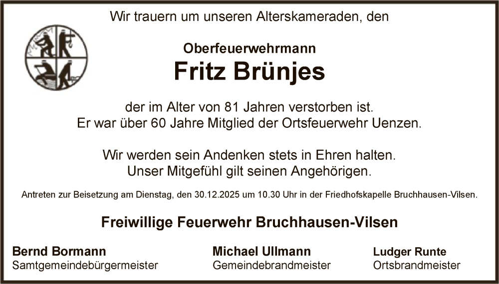  Traueranzeige für Fritz Brünjes vom 30.12.2025 aus SYKS