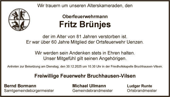 Traueranzeige von Fritz Brünjes von SYKS