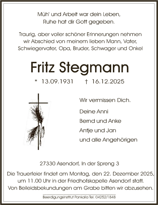 Traueranzeige von Fritz Stegmann von SYKS