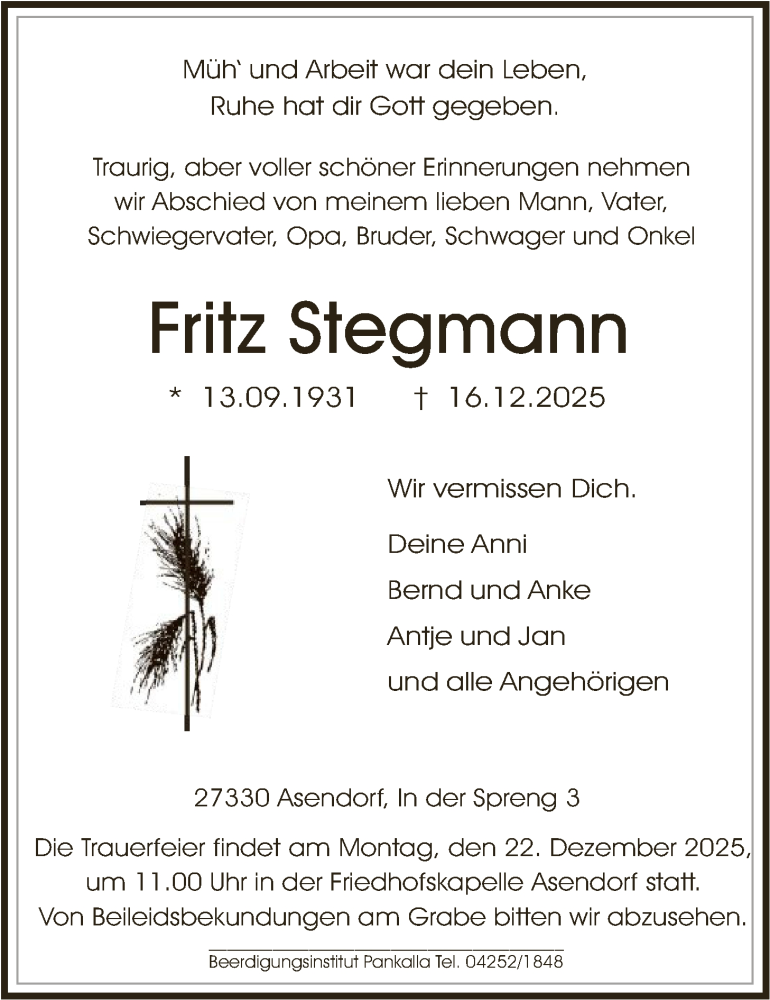  Traueranzeige für Fritz Stegmann vom 20.12.2025 aus SYKS