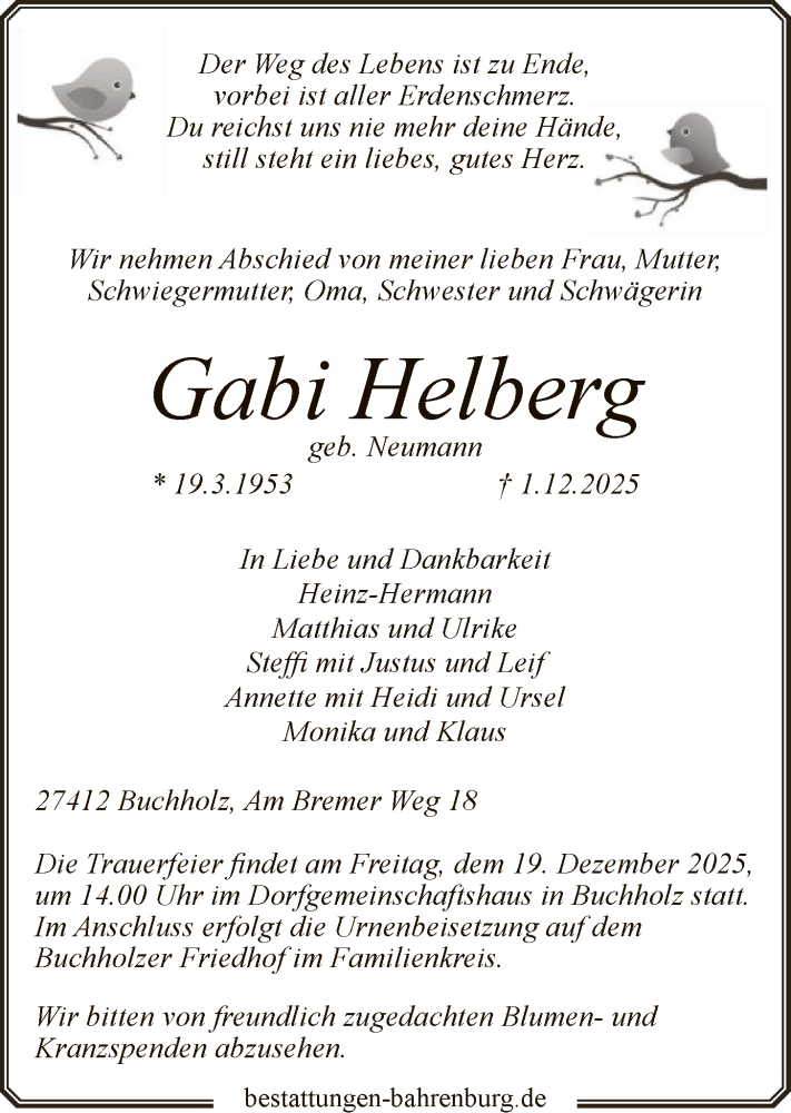  Traueranzeige für Gabi Helberg vom 13.12.2025 aus SYKR