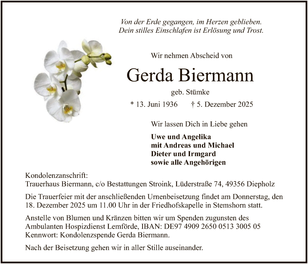  Traueranzeige für Gerda Biermann vom 09.12.2025 aus SYKS