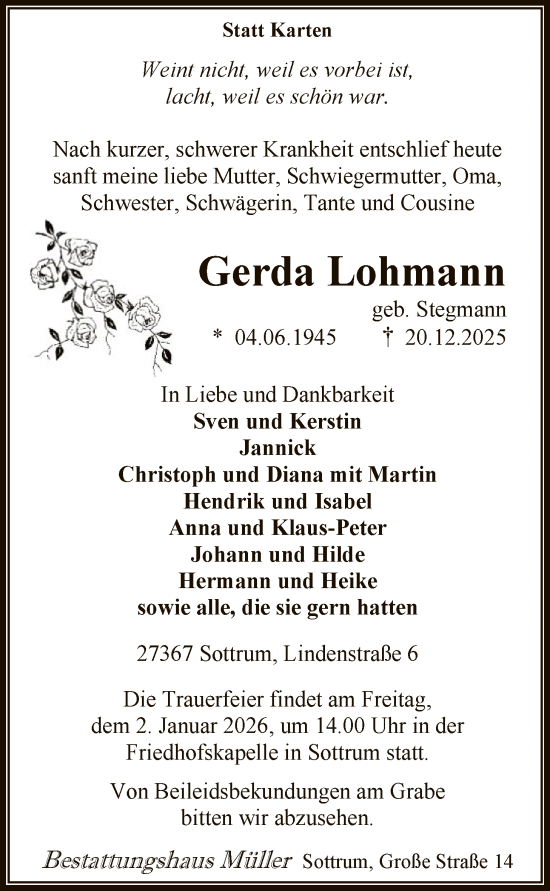 Traueranzeige von Gerda Lohmann von SYKRSYKS
