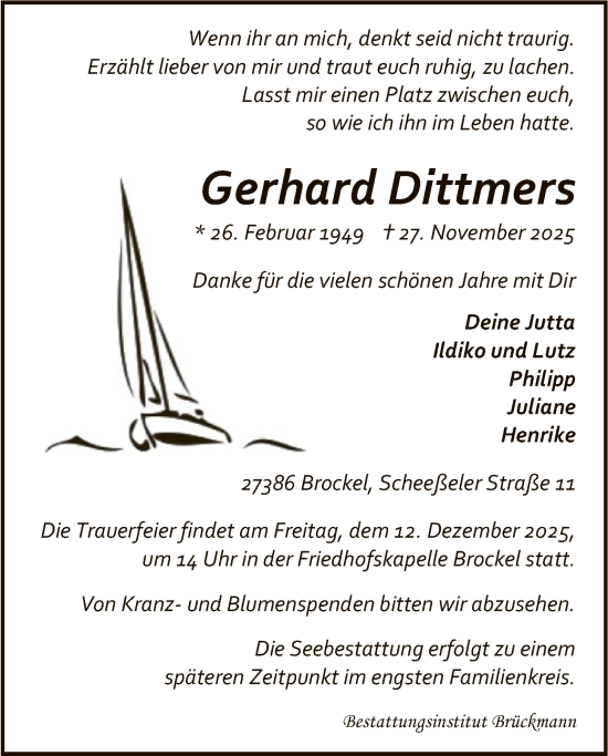 Traueranzeige von Gerhard Dittmers von SYKR