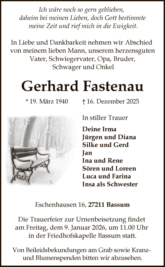 Traueranzeige von Gerhard Fastenau von SYKS
