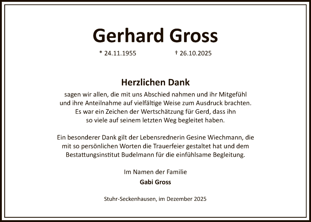  Traueranzeige für Gerhard Gross vom 06.12.2025 aus SYKS