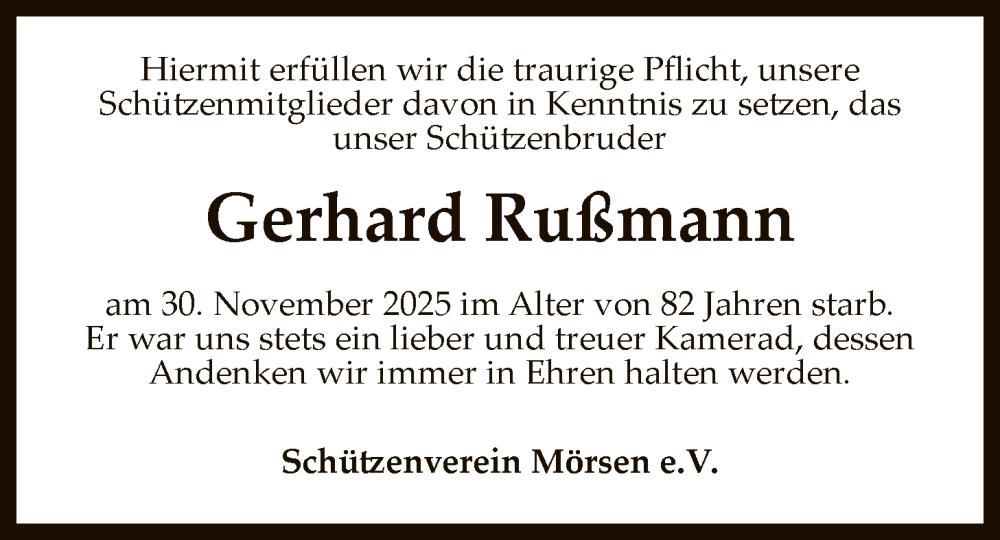  Traueranzeige für Gerhard Ruffmann vom 20.12.2025 aus SYKS