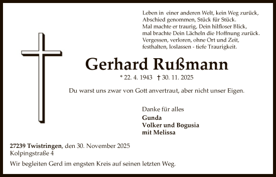 Traueranzeige von Gerhard Rußmann von SYKS