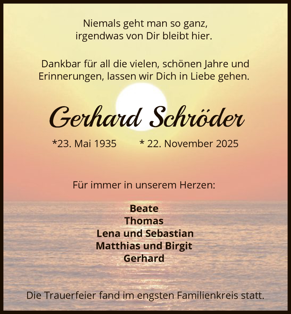  Traueranzeige für Gerhard Schröder vom 13.12.2025 aus SYKS