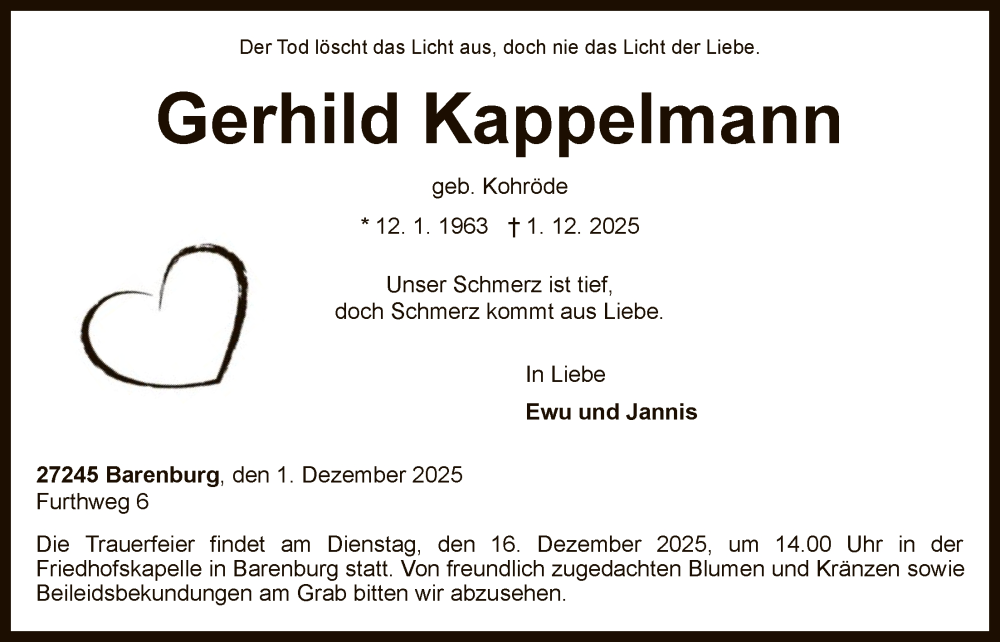  Traueranzeige für Gerhild Kappelmann vom 13.12.2025 aus SYKS