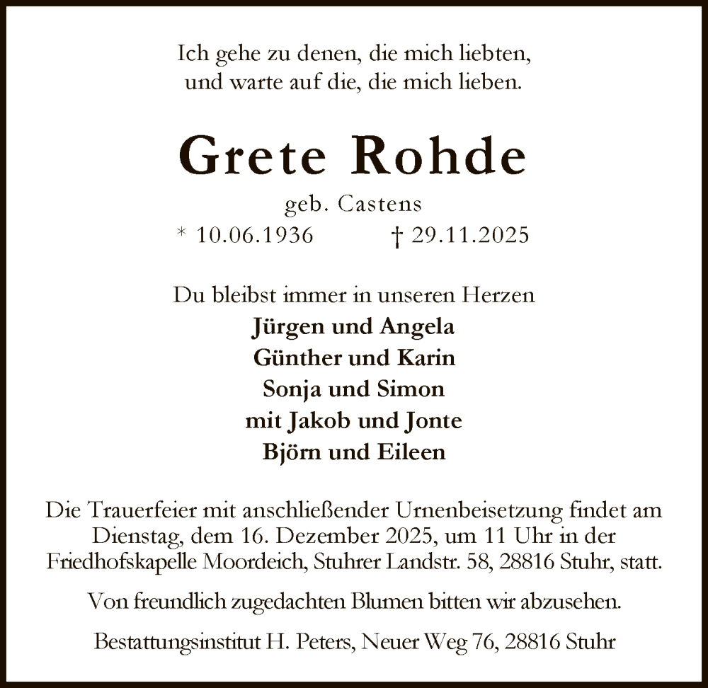  Traueranzeige für Grete Rohde vom 06.12.2025 aus SYKS