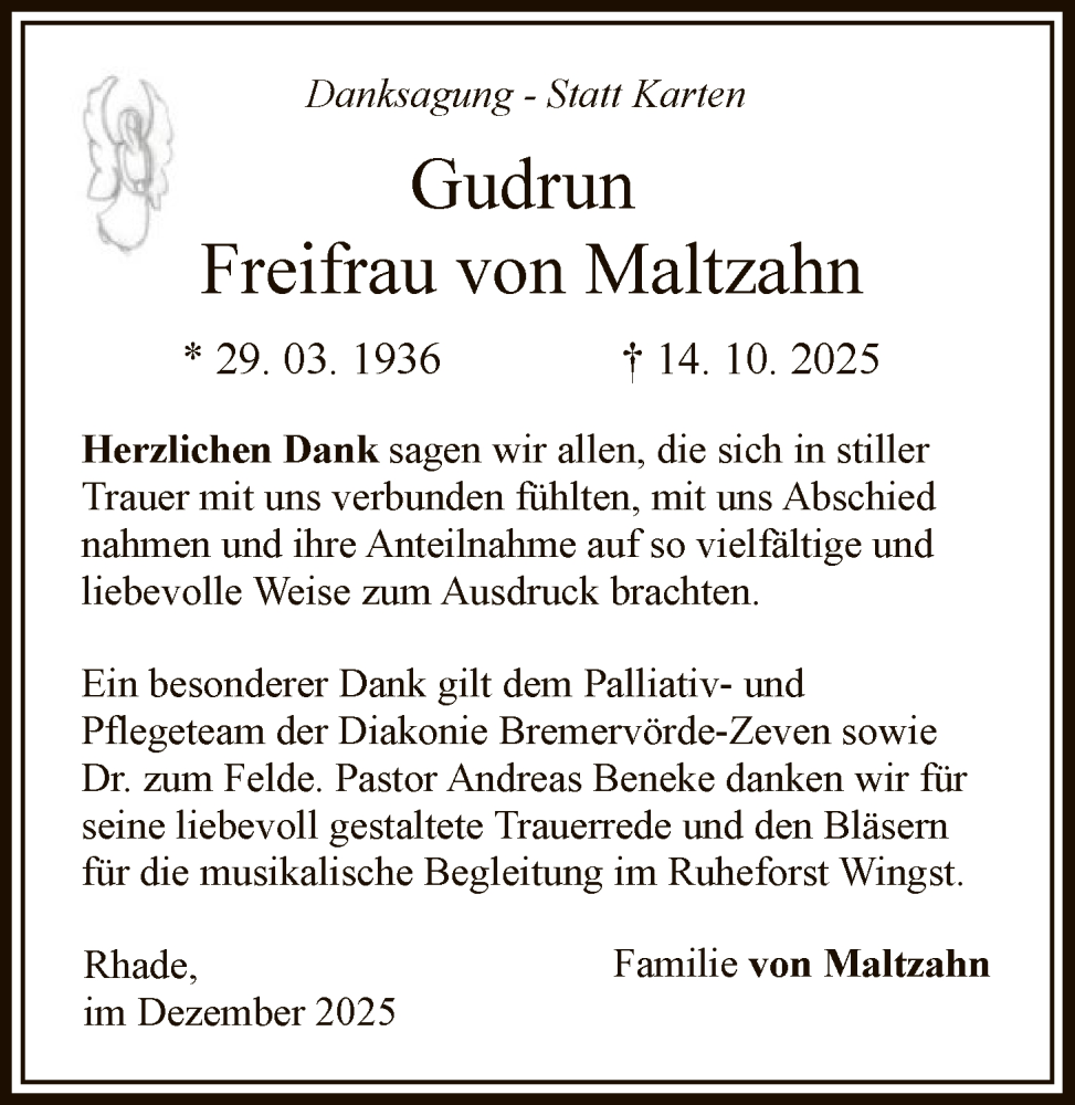  Traueranzeige für Gudrun Freifrau von Maltzahn vom 06.12.2025 aus SYKR