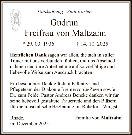 Traueranzeige von Gudrun Freifrau von Maltzahn von SYKR