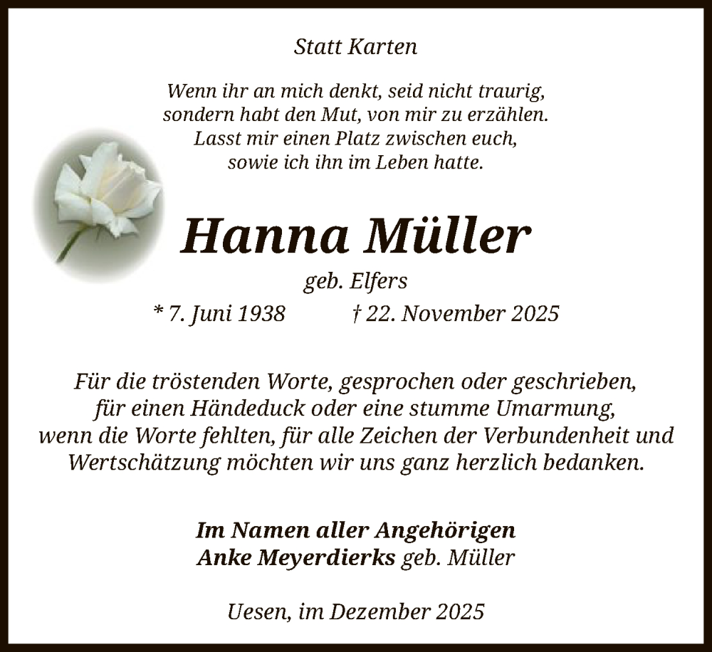  Traueranzeige für Hanna Müller vom 27.12.2025 aus SYKS