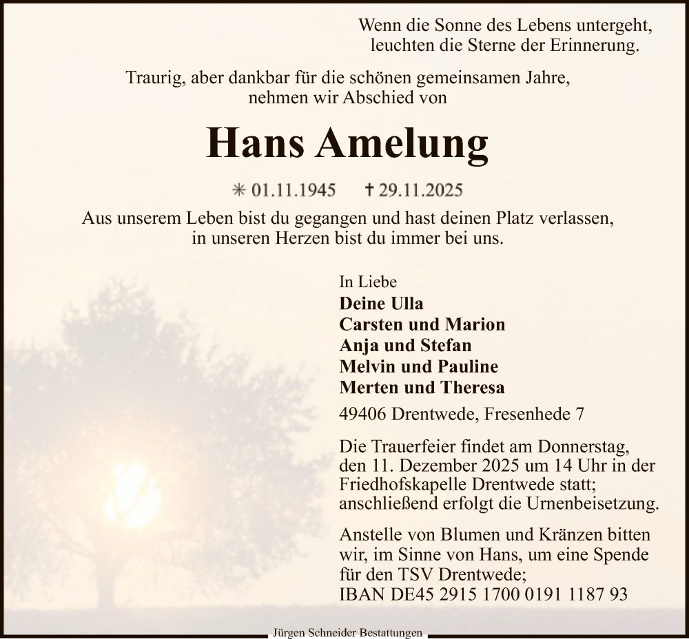 Traueranzeige für Hans Amelung vom 06.12.2025 aus SYKSSYKS