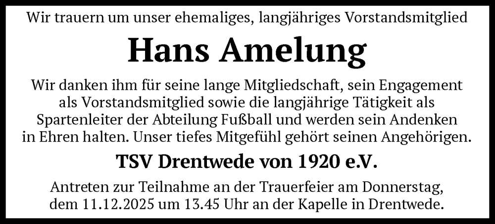  Traueranzeige für Hans Amelung vom 06.12.2025 aus SYKS