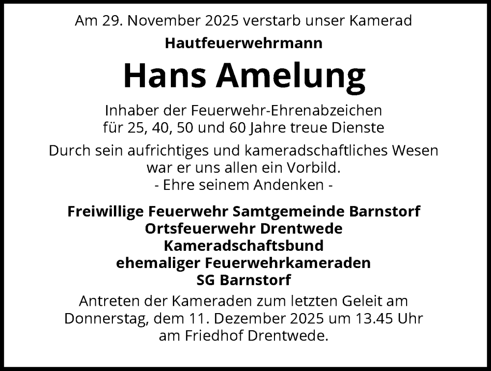  Traueranzeige für Hans Amelung vom 06.12.2025 aus SYKS
