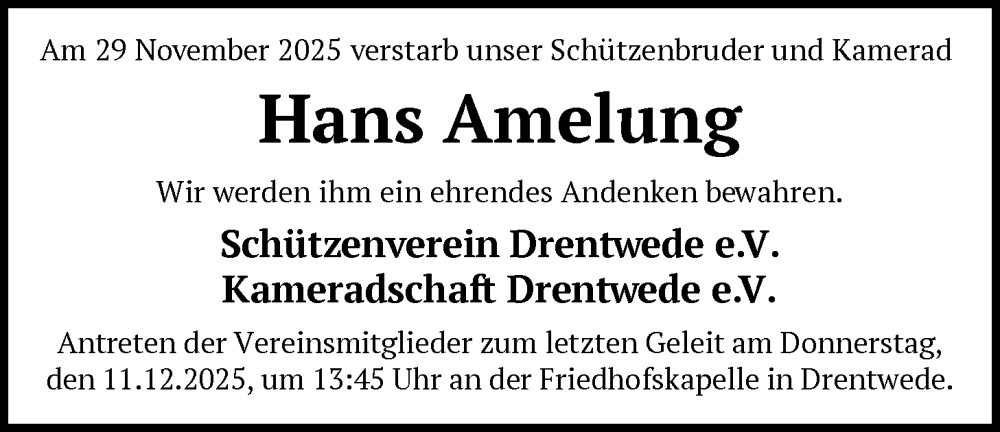 Traueranzeige für Hans Amelung vom 09.12.2025 aus SYKS